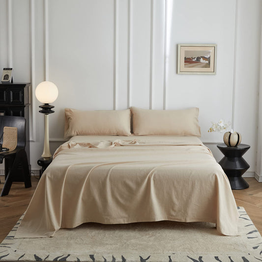 Simple&Opulence King Flat Sheet,55% Linen 45% Cotton Luxury Cool Bed Sheet,Super Soft and Easy Care Flat Top Sheet,255 x 270 cm, Linen/Beige