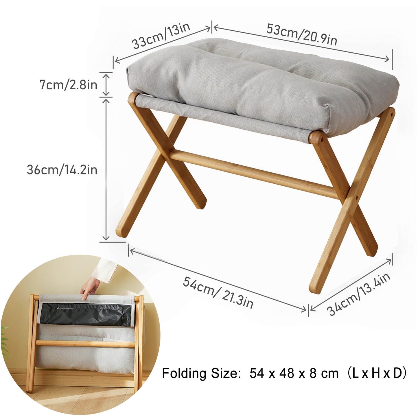 Nisorpa Foldable Foot Rest Stool Folding Footrest for Sofa Ottomans, Bamboo Footrest Soft Padded Cushioned Foot Ottoman Portable Leg Rest for Sofa
