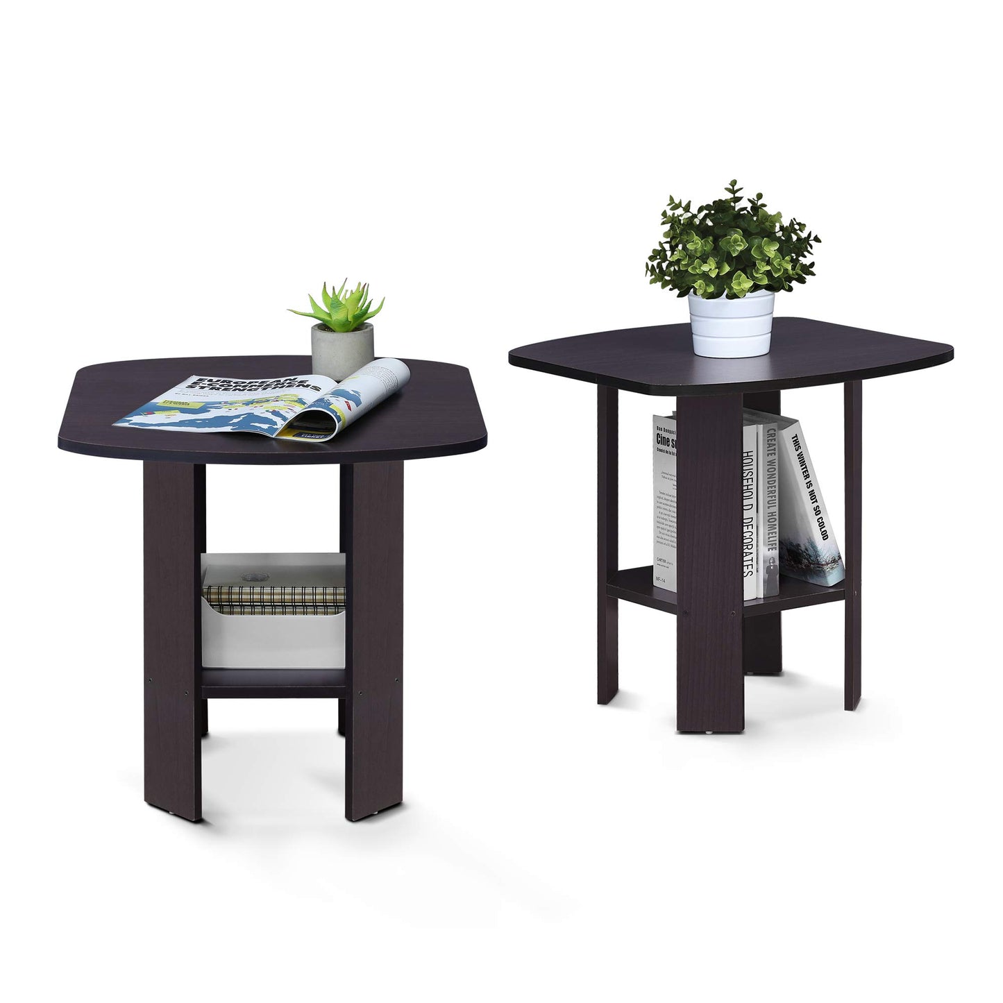 Furinno SIMPLE DESIGN Side Table Set of 2, 2-Tier End Table, Open Shelves Night Stand, Bedside Table, for Living Room, Bedroom, Dark Walnut