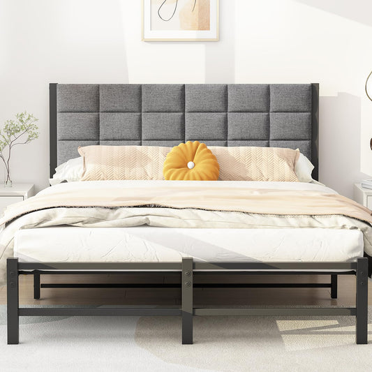 JUISSANO 5ft King Size Bed Frame with Headboard,Upholstered Platform Bed Frame King Size,Mattress Base,Strong Metal Slat Support,No Box Spring