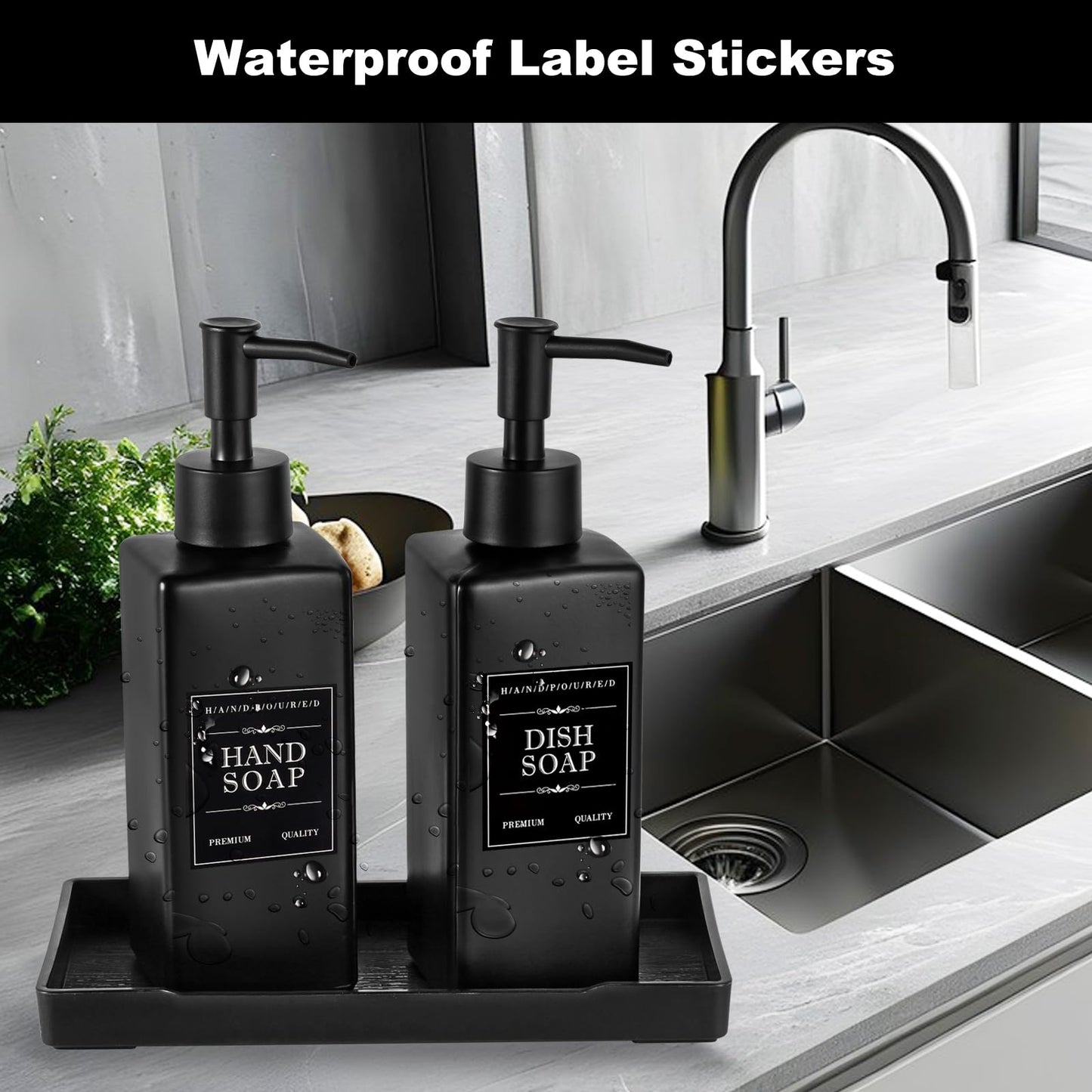 MirraSwit Black Glass Soap Dispenser with Tray, 350ML Square