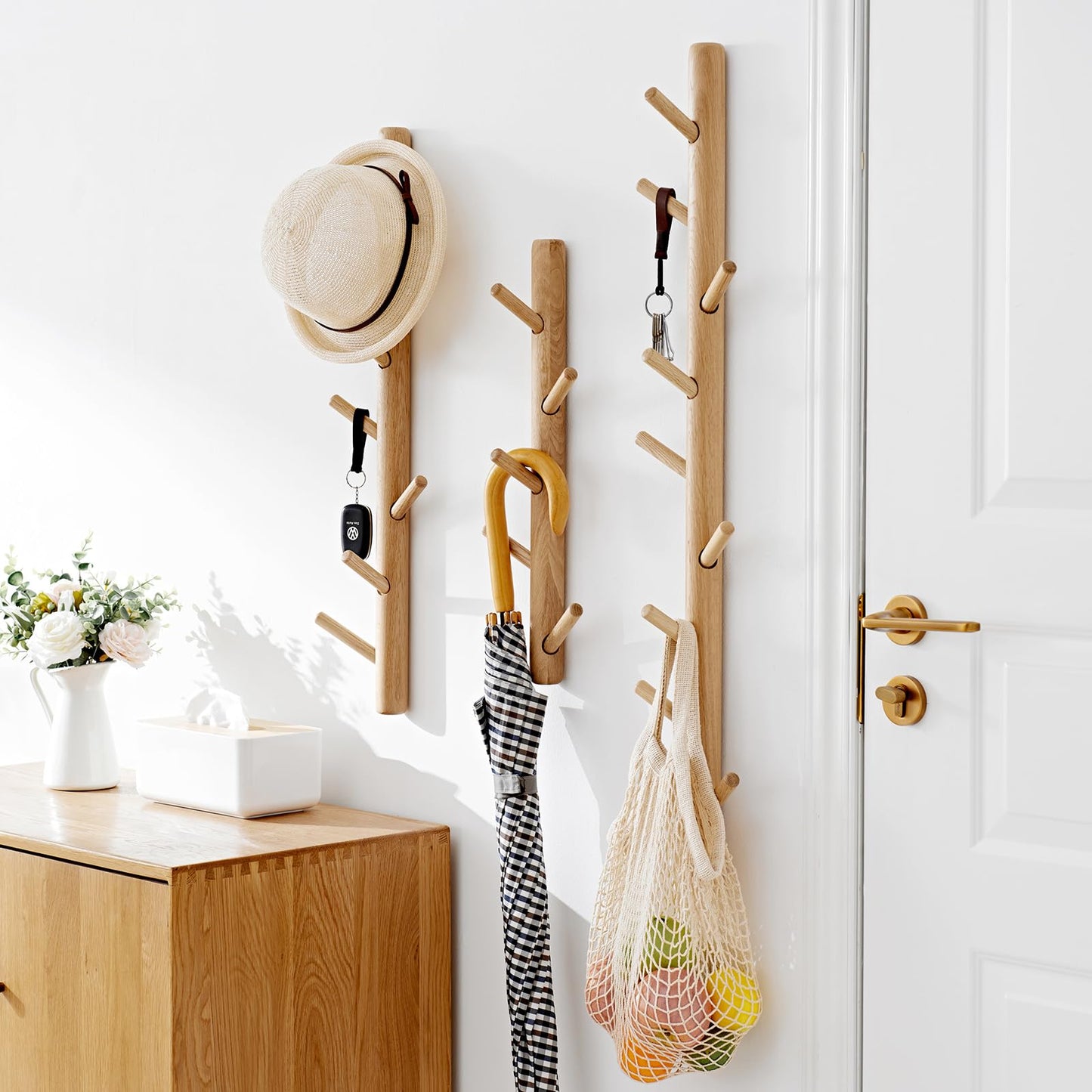 OAKERLAND Wooden Coat Rack Wall Mounted, 90cm Oak Floating Hooks for Jackets, Bag, Scarves, Handbags, 9 Hooks Branch Shape Coat Rack for Entryway