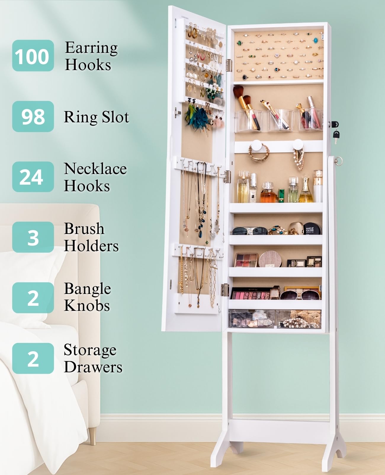 LUXFURNI Standing Jewelry Armoire Cabinet with Full‑Length Mirror Storage