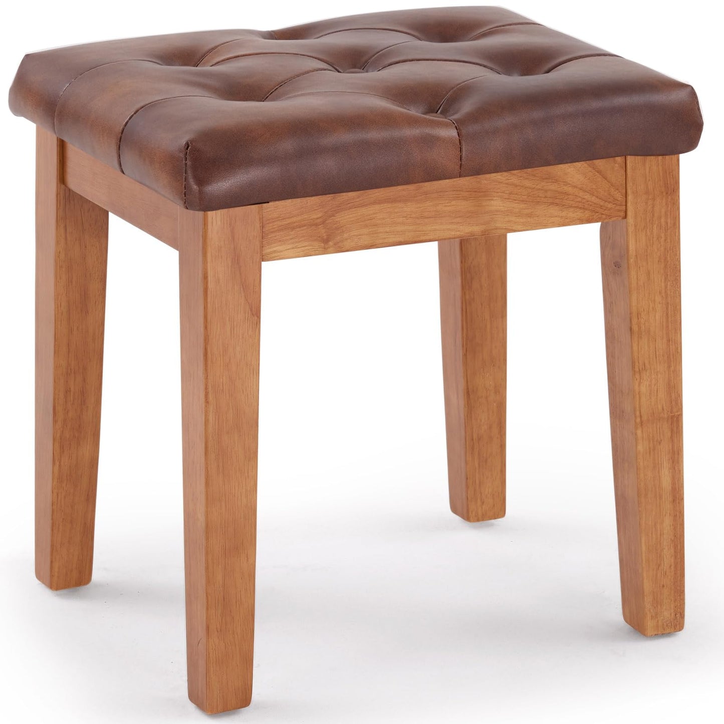 MILCIL Upholstered Ottoman Stool with Padded Seat, Tufted Vanity Stool with Solid Wood Legs, Accent Stool, Faux Leather Retro Brown