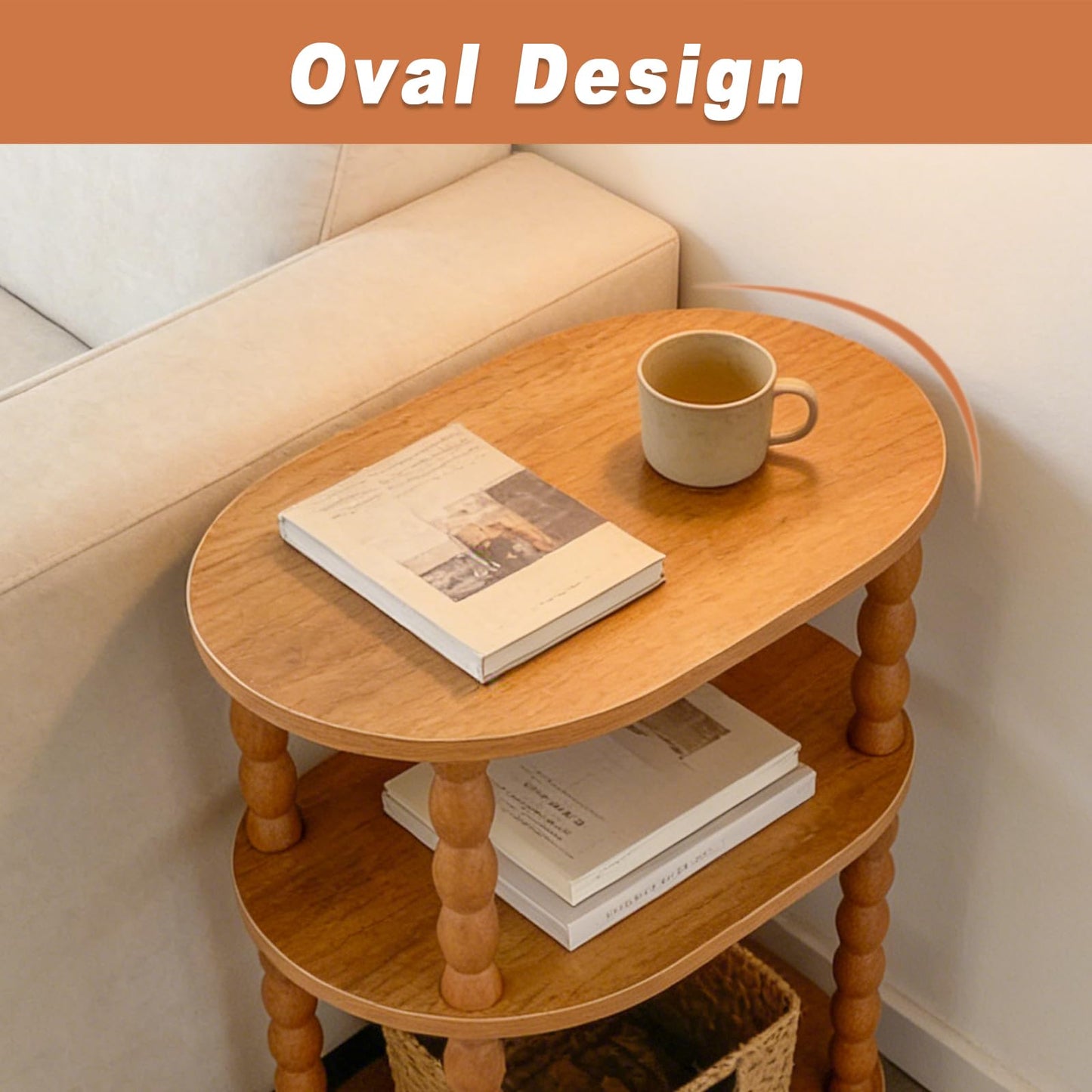 Wooden Side Table,3-Tier Small End Table with Storage Shelf, Vintage Retro furniture Bedside Coffee oval Table Night Stand for Living Room, Bedroom