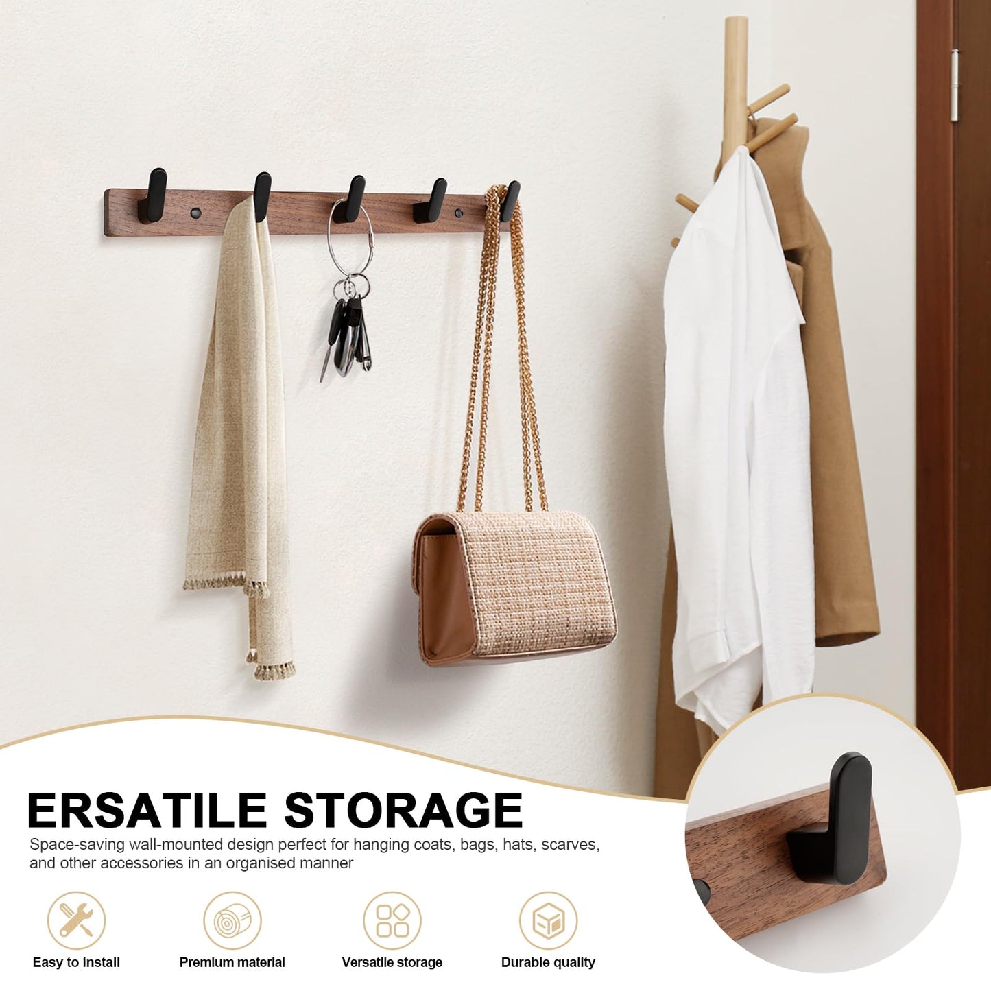 Coat Hooks Wall Mounted, Walnut Wood with 5 Heavy-Duty Aluminium Hooks
