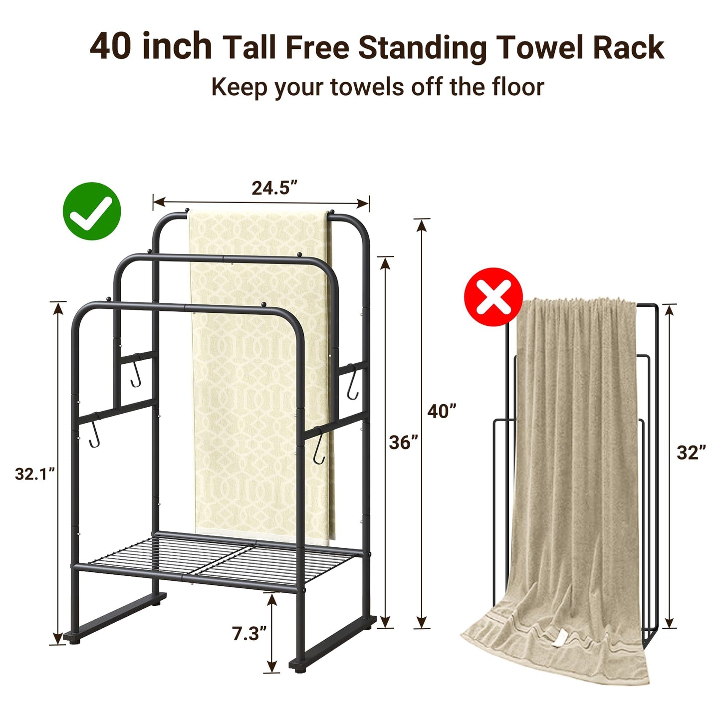 3-Tier Freestanding Towel Rack, Fixed-Height Bars Highest 101CM