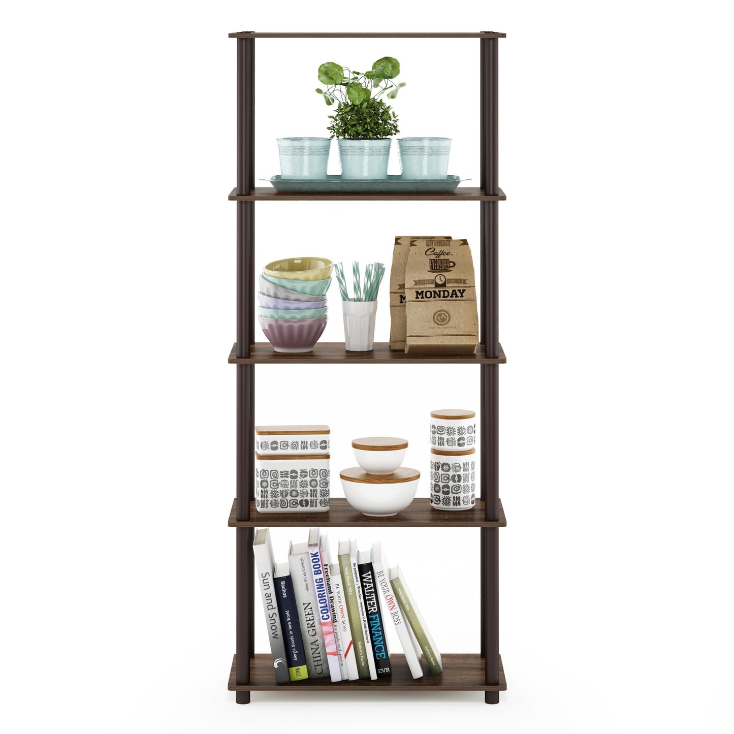 Furinno TURN-N-TUBE Toolless Assembly 5-Tier Storage Shelves, Black Book Shelf, Open Storage Bookshelf, for Organization and Storage, Living Room