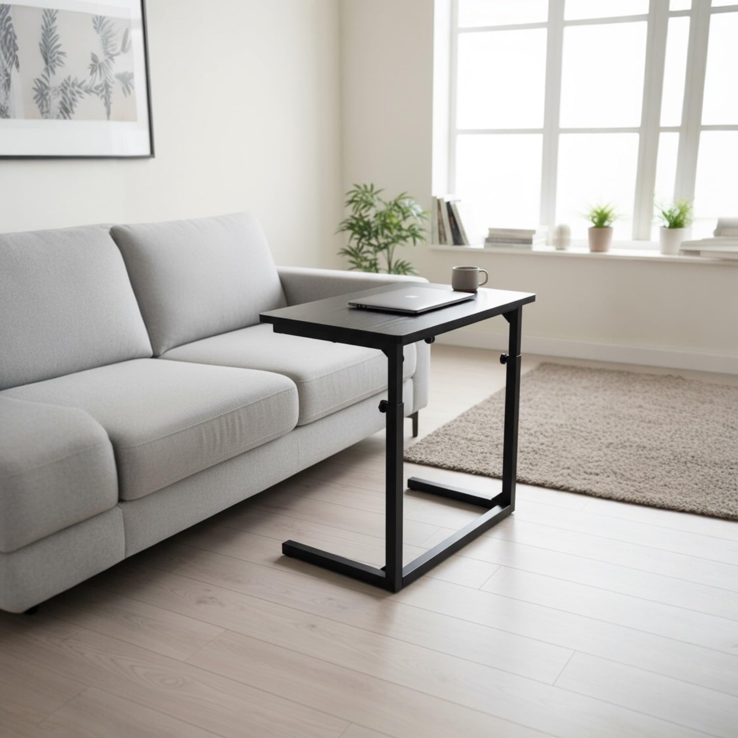 Tinymod C-Shaped Sofa Side Table for Couch & Bed, Height Adjustable Laptop Table, Black