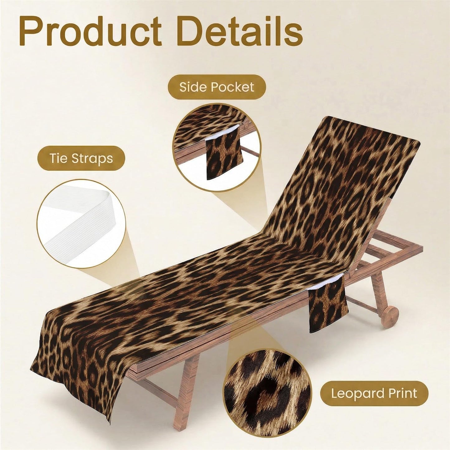 Surwin Sun Lounger Towel with Pockets, Leopard Print Beach Towel Chair Cover Sunbed Towels Lounger Bag for Summer Holiday Outdoor Garden Pool