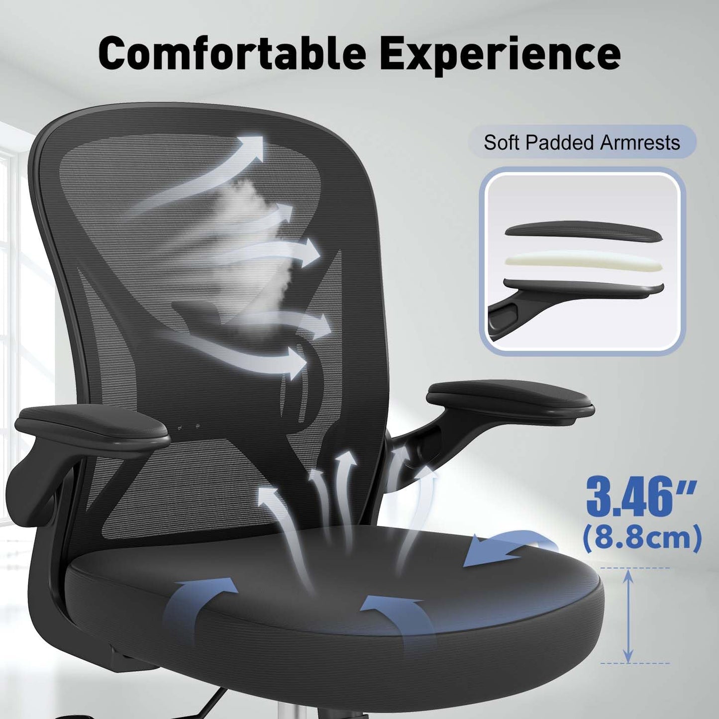 Keratee Ergonomic Mesh Office Chair with Adjustable Lumbar Support ＆ Flip-up Arms, Breathable Computer Home Desk Chair with 360 & Height Adjustment
