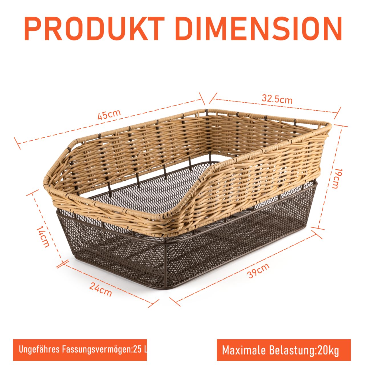 Large Rear Bike Basket, 25L Woven Basket with Load Capacity up to 20 kg – Metal Base Weatherproof & Rust-Free – for E-Bike and Electric Bicycle