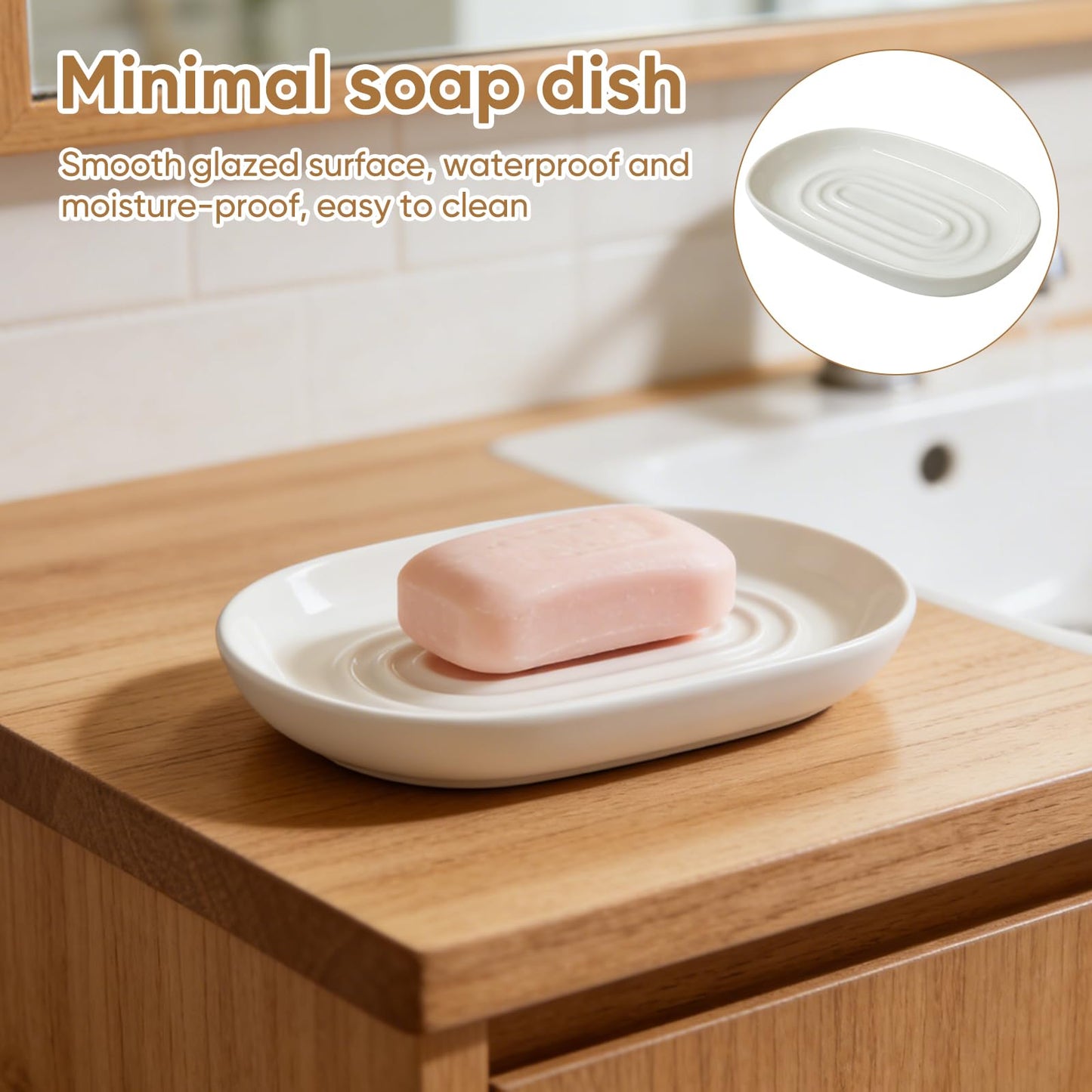 Anti Slip Ceramic Soap Dish – Minimal White Soap Dish for Bathroom – Soap Tray Dish for Shower, Kitchen and Sink