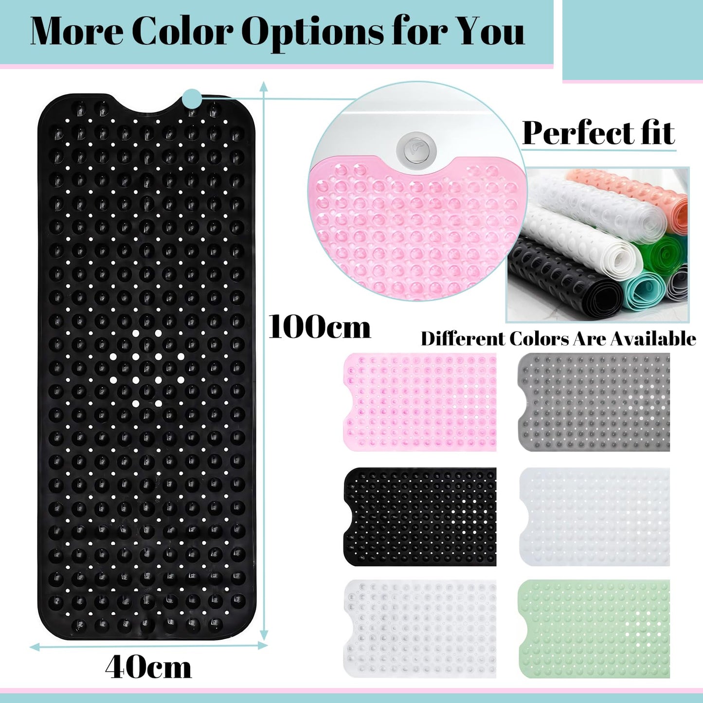 Shower Bath Mat 100x40cm,Extra Long Shower Mat Anti Mould Bath Mats Black,Non Slip Bath Mat for Tub,Shower Mats with Suction Cups,Drain Holes,Machine