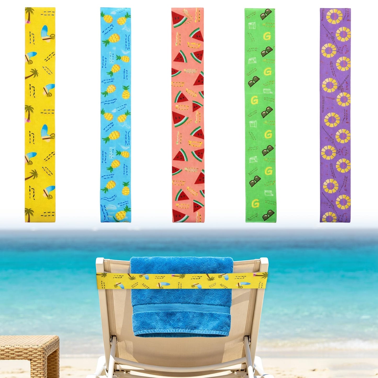 Ignara 5 Pcs Beach Towel Bands for Sun Loungers, Elastic Sunbed Towel Straps Windproof Non-Slip Beach Chair Towel Holders for Cruise Deck Chairs