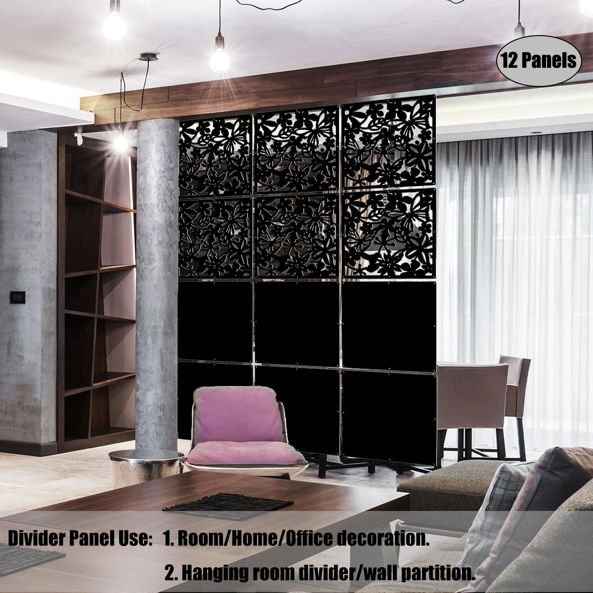 LRZCGB Hanging Room Divider,12pcs PVC Hanging Screen Panel for Decorating Living,Dining,Study and Sitting-room,Hotel and Bar(Black+Solid Board)