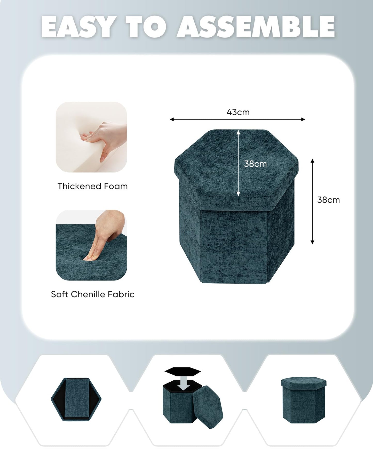 Bonlife Folding Storage Ottoman Hexagonal, Footrest with Toy Ches Box, 43cm