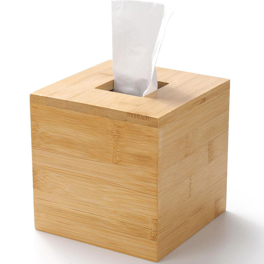 Bamboo Tissue Box Cover, Square Wood Tissue Box Holder, Wooden Facial Paper Holder for Bathroom, Bedroom, Dinner Table, Office (14.5 x 14.5 x 14.5 cm)