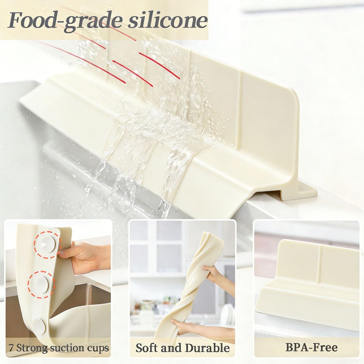 DNNPCFE Kitchen Sink Splash Guard,58cm Extra Long Silicone Splash Guard with Suction Cups, Reusable Water Retaining Board for Faucet, Washing Dishes