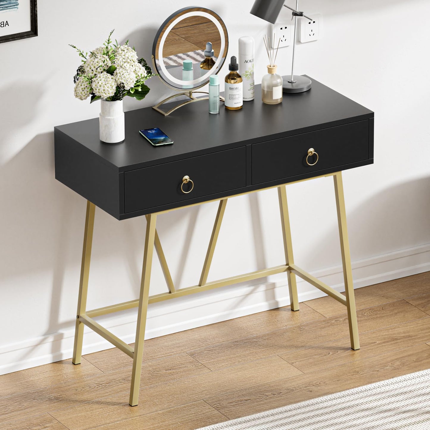 Yvsevnr Wooden Computer Desk Black Writing Desk with 2 Drawers Vanity Dressing Table without Mirror