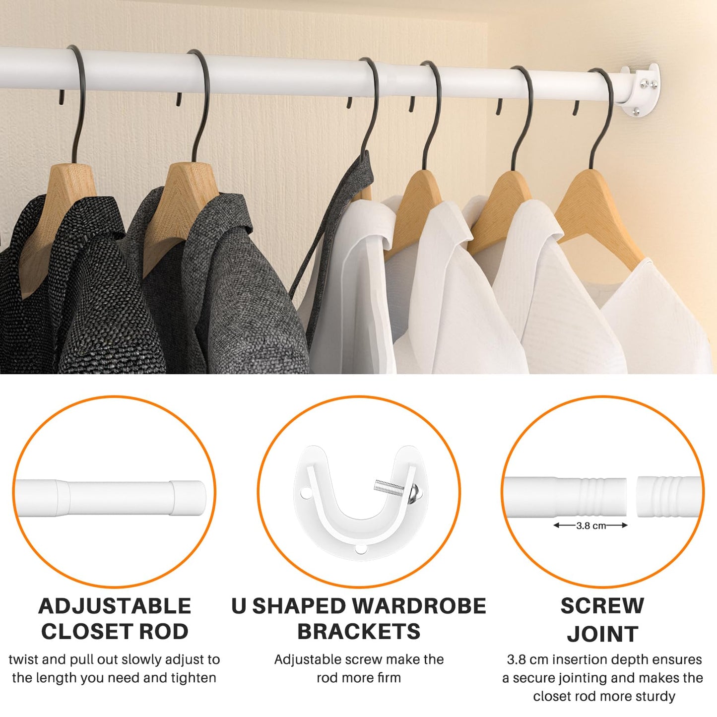 Goowin Extendable Wardrobe Rail 43-94cm, 25mm Carbon Steel Adjustable Wardrobe Rail with Fittings for Wardrobe,Cabinet,Windows (White)