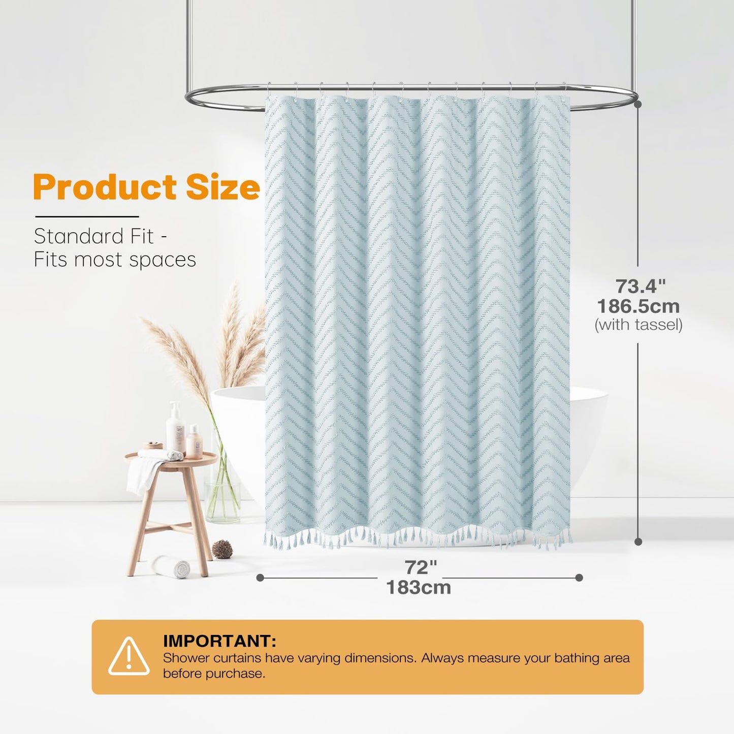 BTTN Boho Tufted Chevron Shower Curtain, 183x186cm with Tassel, Fog Blue