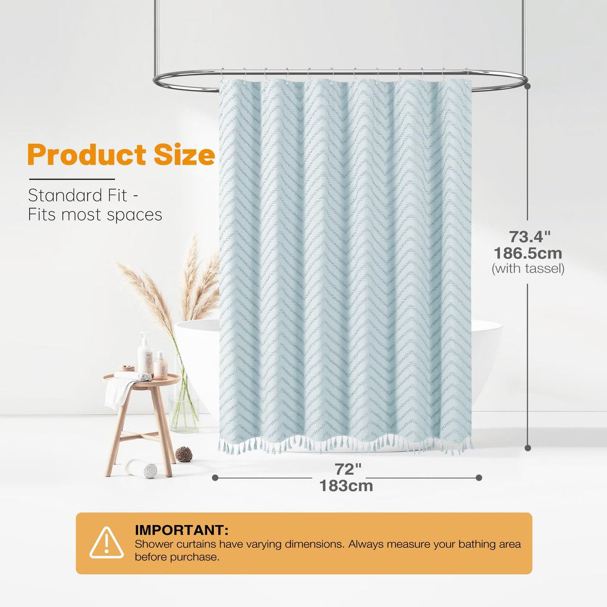 BTTN Boho Tufted Chevron Shower Curtain, 183x186cm with Tassel, Fog Blue