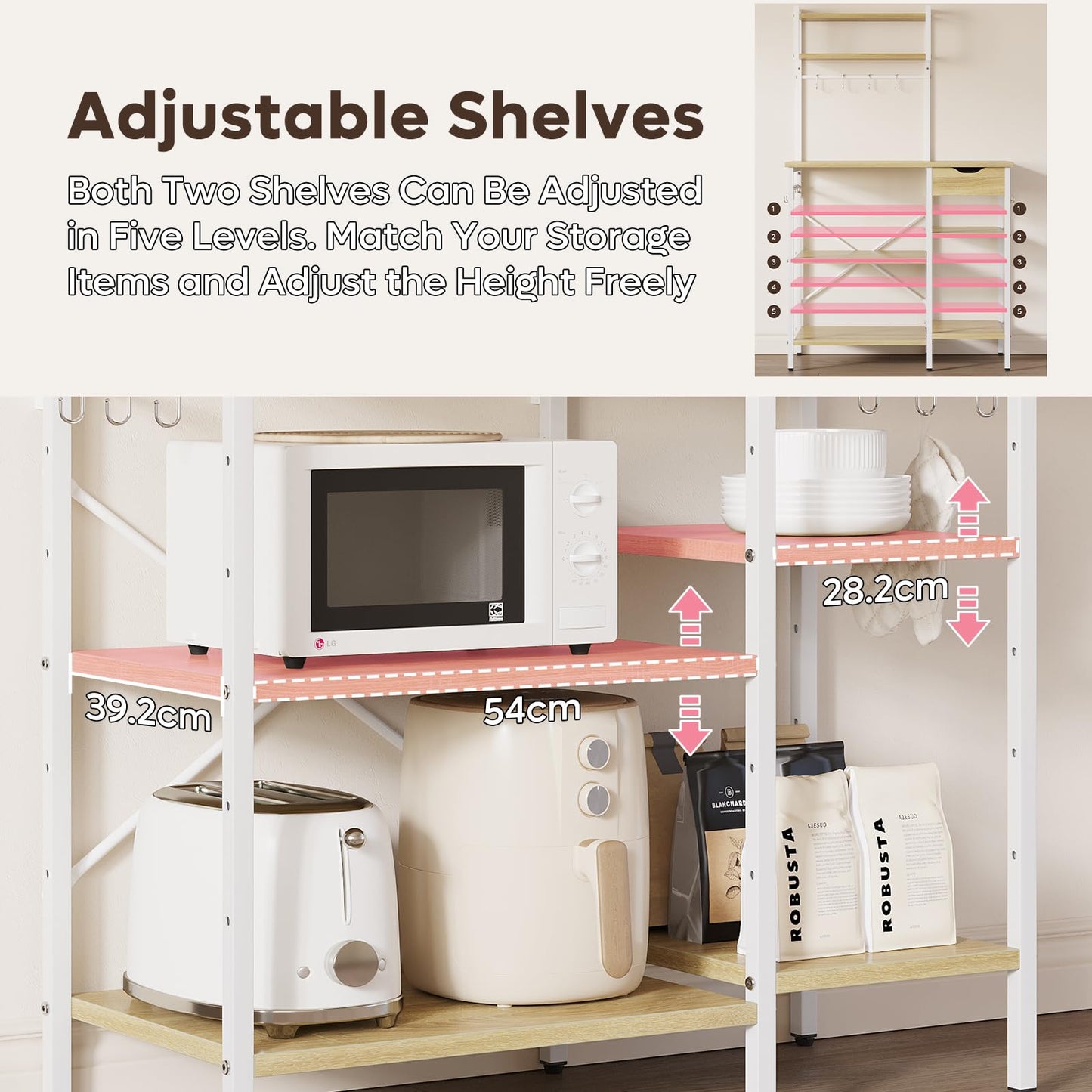 Bestier Microwave Oven Rack, 90cm Large Size, with 2 Height-Adjustable and Removable Shelves, Drawers, 10 S-Hooks, Kitchen Storage Rack (Oak)