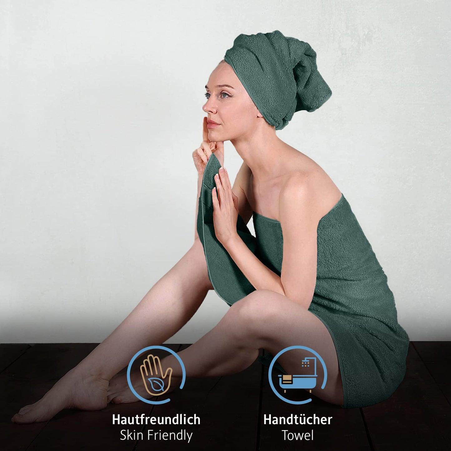 Komfortec Set of 8 Hand Towels 100% Cotton, 4 Bath Towels 70 x 140 cm and 4 Hand Towels 50 x 100 cm, Terry Clothing, Soft, Towel, Large, Dark Green