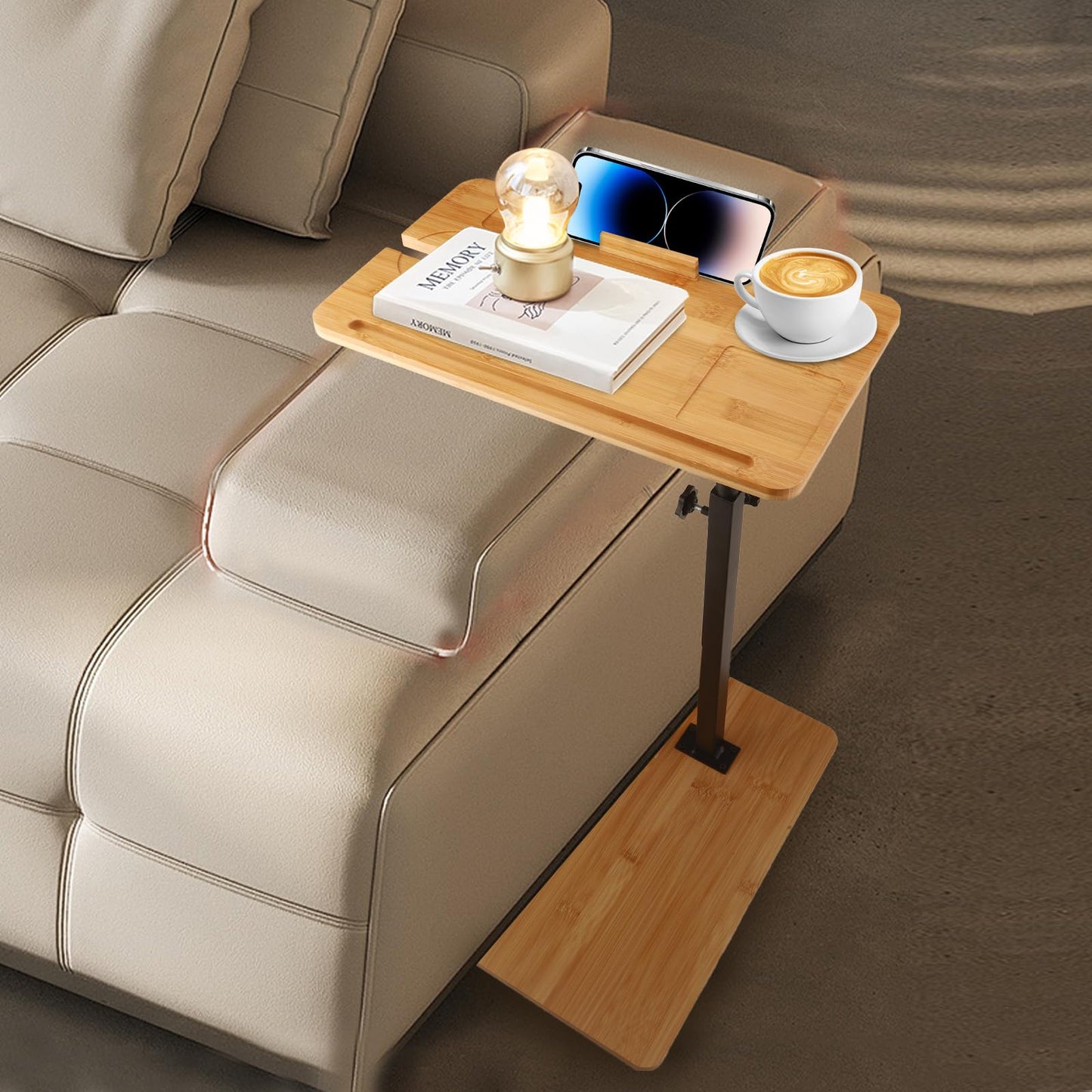 VeftBltrem C Shaped Side Table, Adjustable Height 17-32 Inch, 360° Rotating Desktop, Sturdy Bamboo Metal Base, Under Sofa Table for Living Room