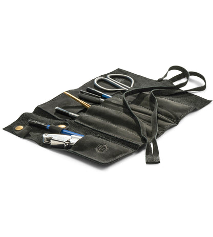 Angus Stoke Leather Roll Bag Black - Handmade Leather Case for Pens, Brushes and Accessories, 4 Compartments, Leonardo