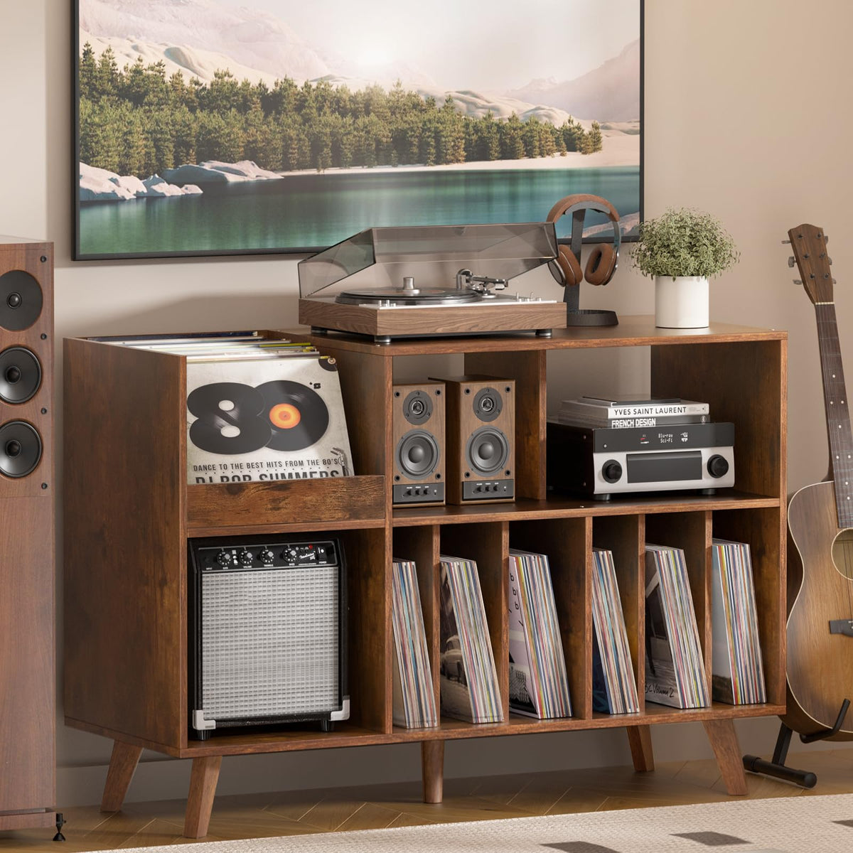 LELELINKY Large Record Player Stand, Turntable Stand with Storage, Vinyl Holder with Display Area, Record Player Table Holds Up to 450 Albums
