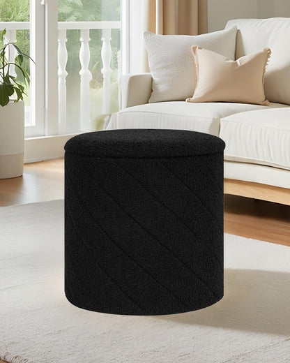 Bonlife Round Ottoman Stool with Storage, Folding Footstool with Lid,Boucle Vanity Stool for Living Room,Bedroom,Entryway,Black,43x43x45cm
