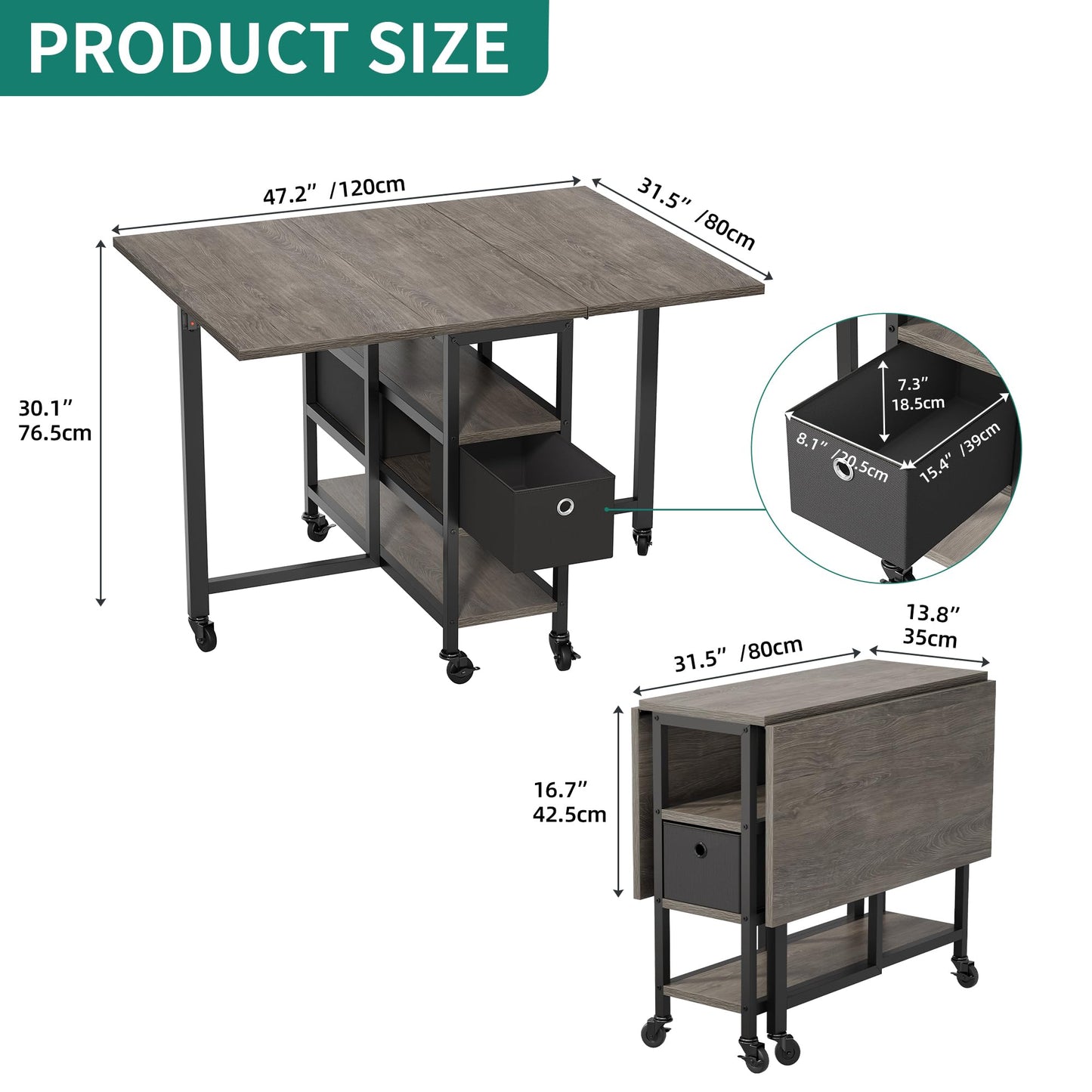 YITAHOME Folding Dining Table with Storage Drawers, Grey Oak and Black