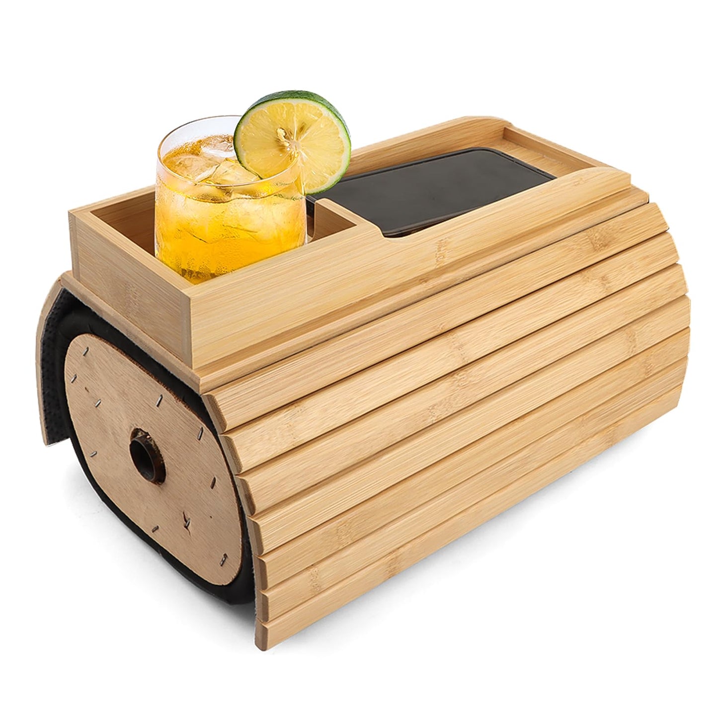 Bamboo Sofa Armrest Tray With Cup Holder, Anti-Slip Foldable Table for Drinks, Cellphone, Remote Control