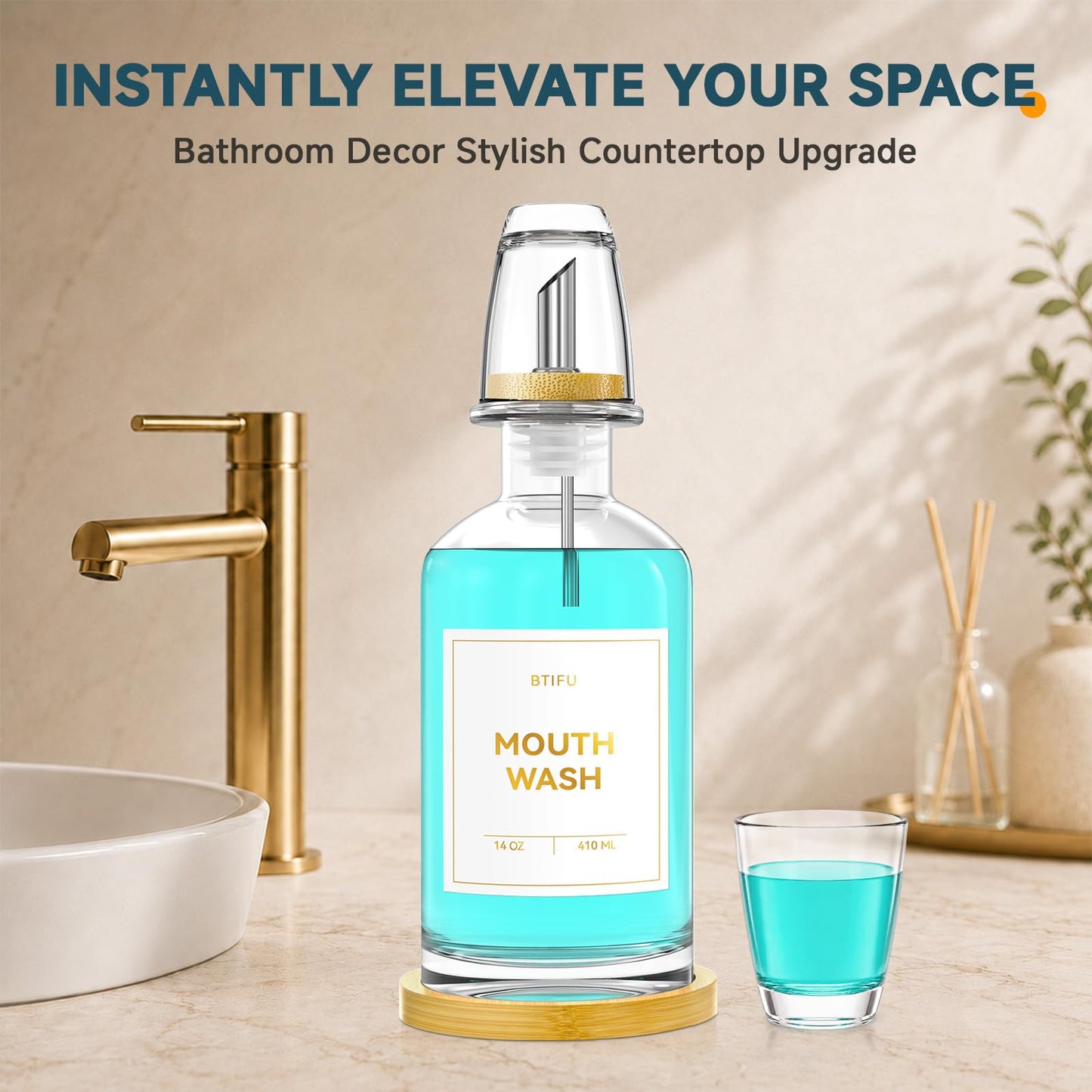 Glass Mouthwash Dispenser for Bathroom – 410ml Refillable Mouthwash Container with 2 Glass Cups & Bamboo Tray, Countertop Mouth Wash Dispensers