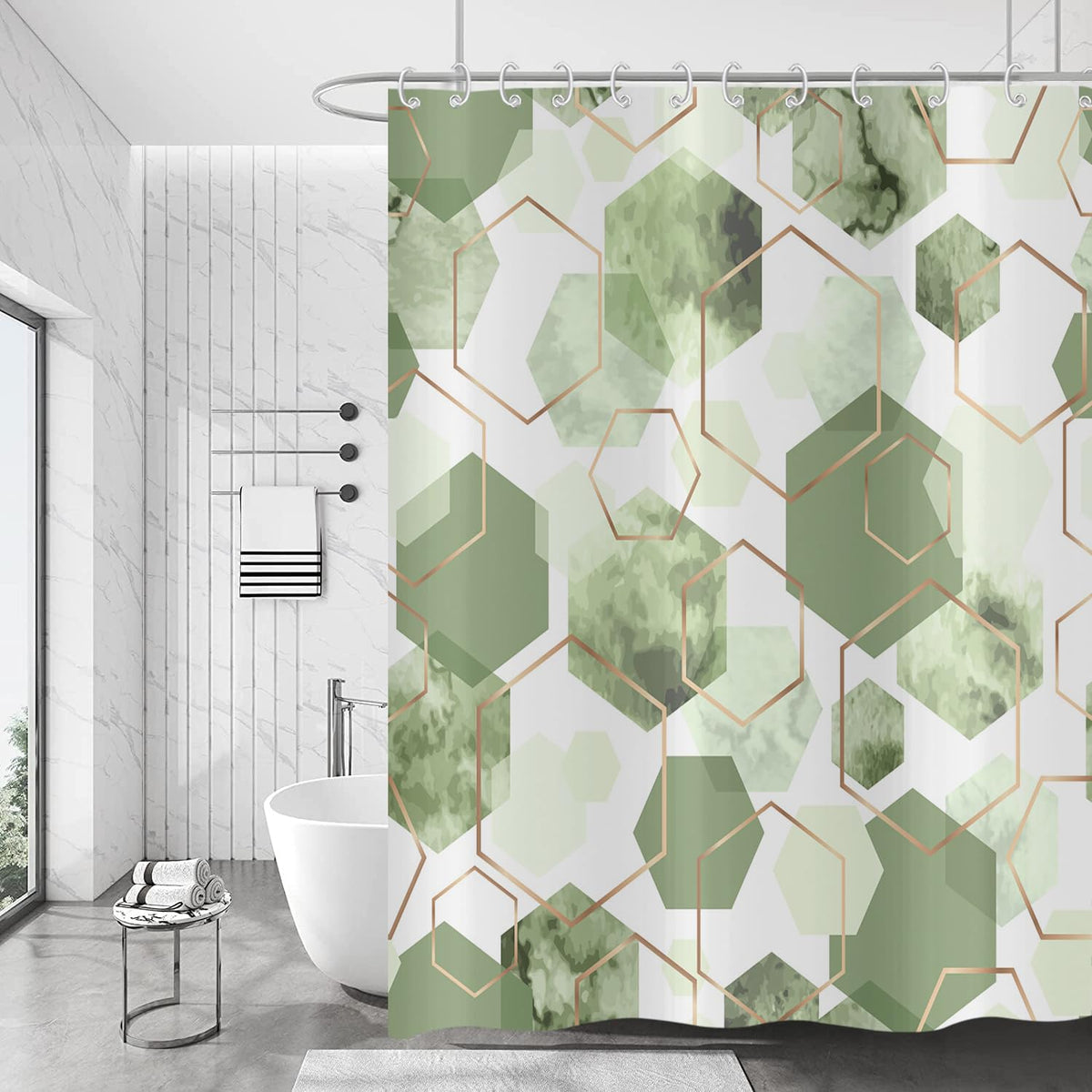 Hnmdmyi Sage Green Shower Curtain 180x200, Modern Geometric Hexagon Abstract Art Bathroom Curtains Waterproof Polyester Fabric Washable Bath Curtains