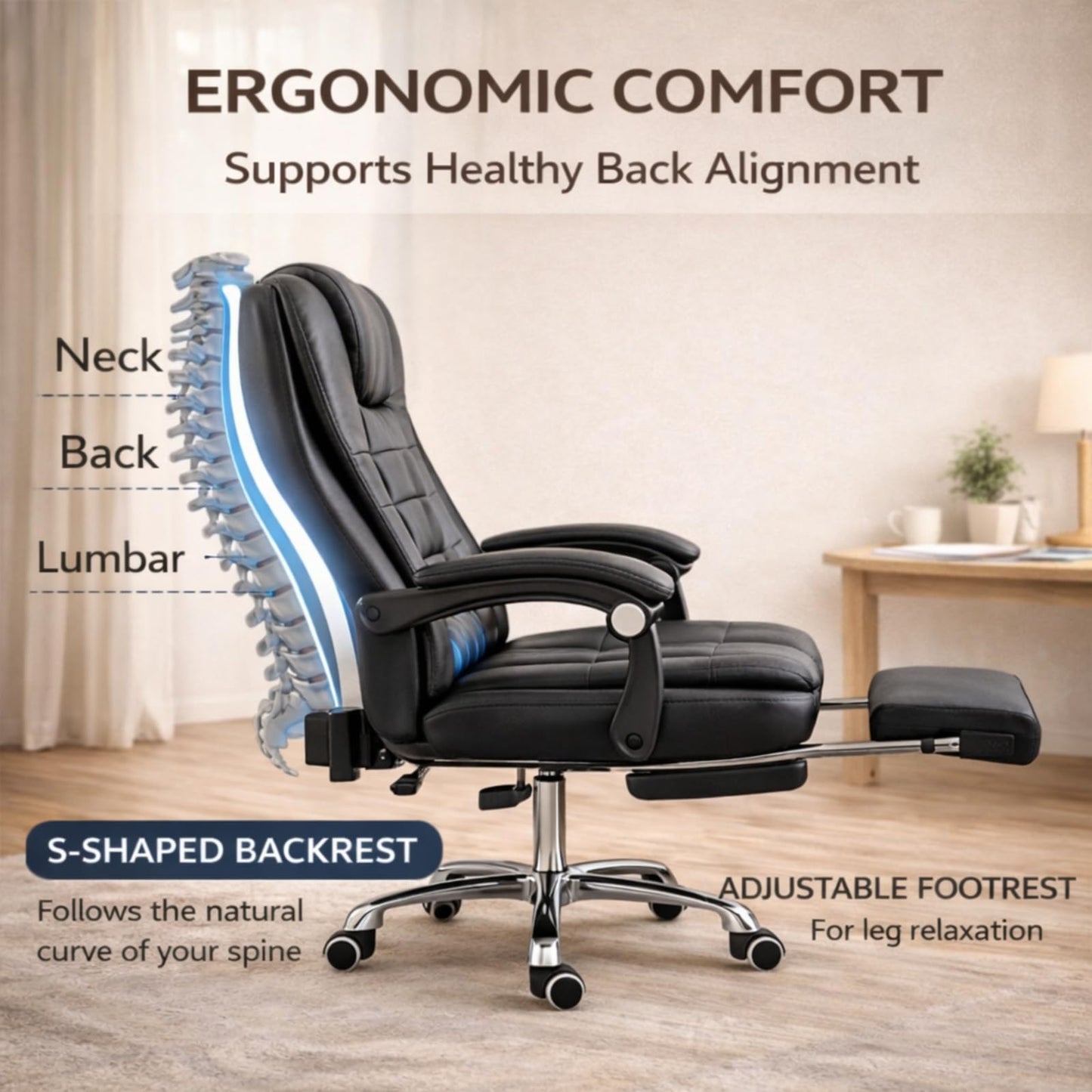 HIHOBDAY Office Desk Chair,Big & Tall Leather Gaming Chair with Footrest,Wide Ergonomic Comfy Executive High-Back Reclining Computer Chair,2-Point