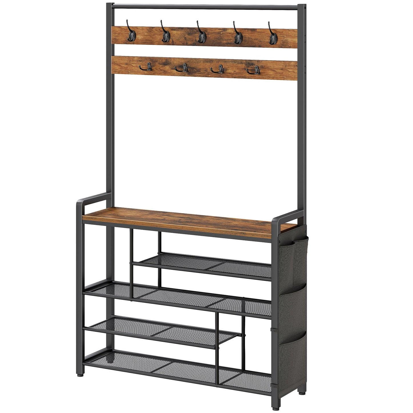 HOOBRO Coat Rack with Shoe Storage, 5 Tier Shoe Rack with Coat Rack, Shoe Storage Organizer with 9 Coat Hooks and 3 Oxford Fabric Side Pockets