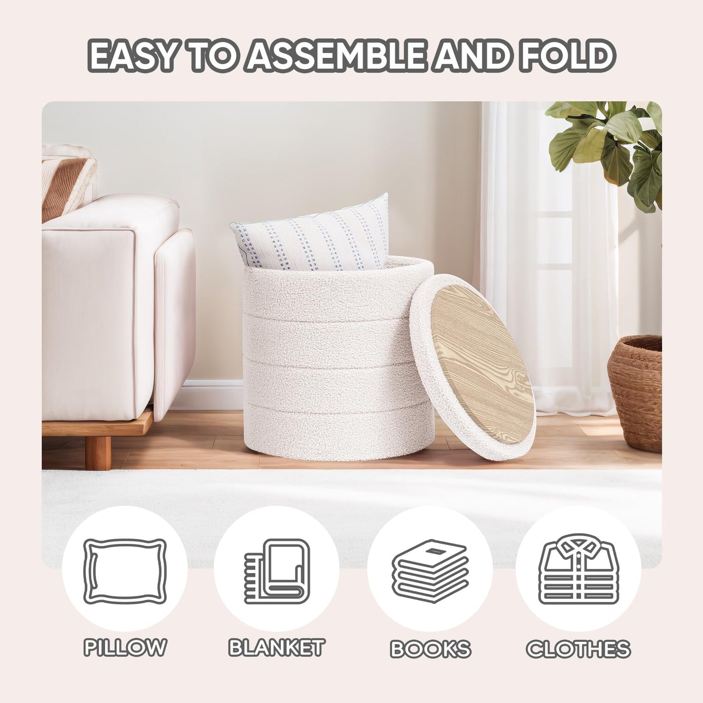 PINPLUS Round Ottoman Storage, Convertible Table, Cream White, 43x43x45 cm