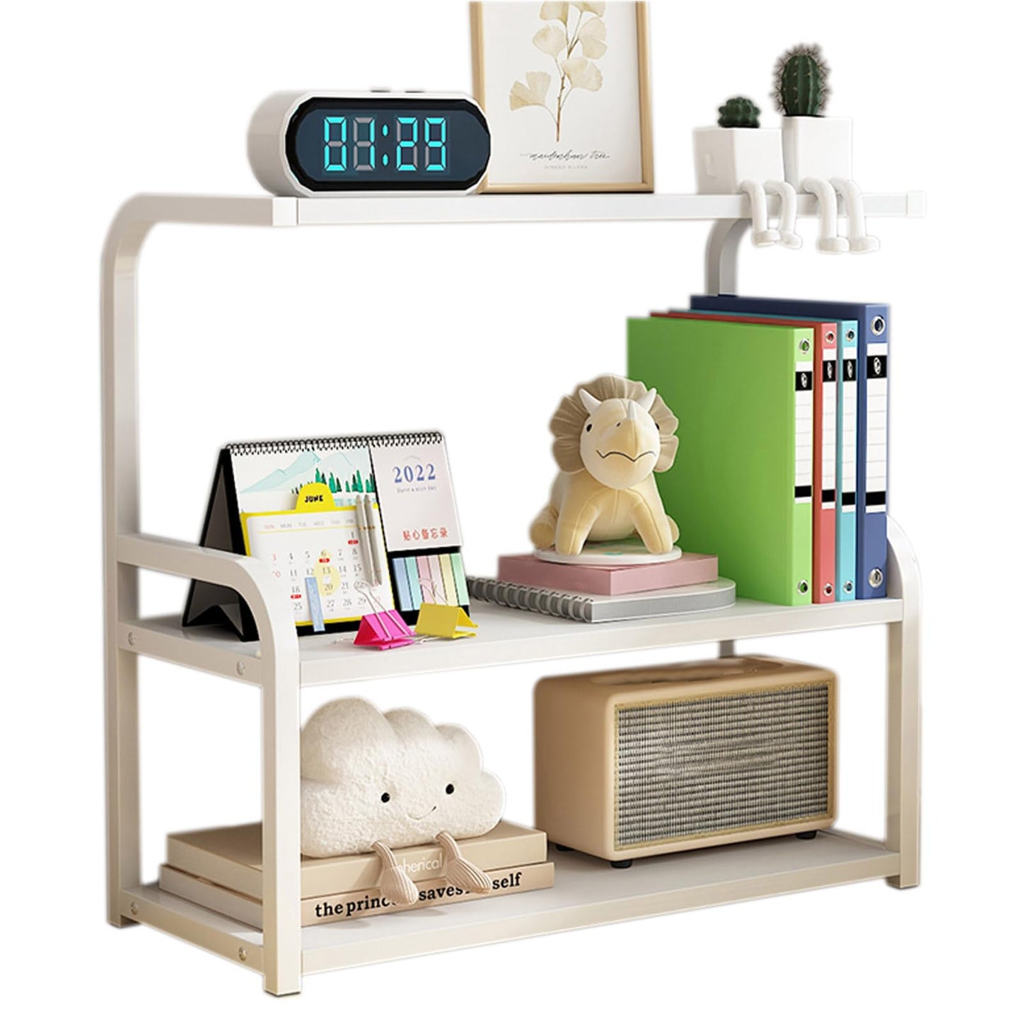 Numjeg Bookshelf 3-Tier Desktop Wood White Metal Rack Supplies Bedroom Shelf Big Bookcase Organizer Shelf for Top of Desk and Dresser Living Room