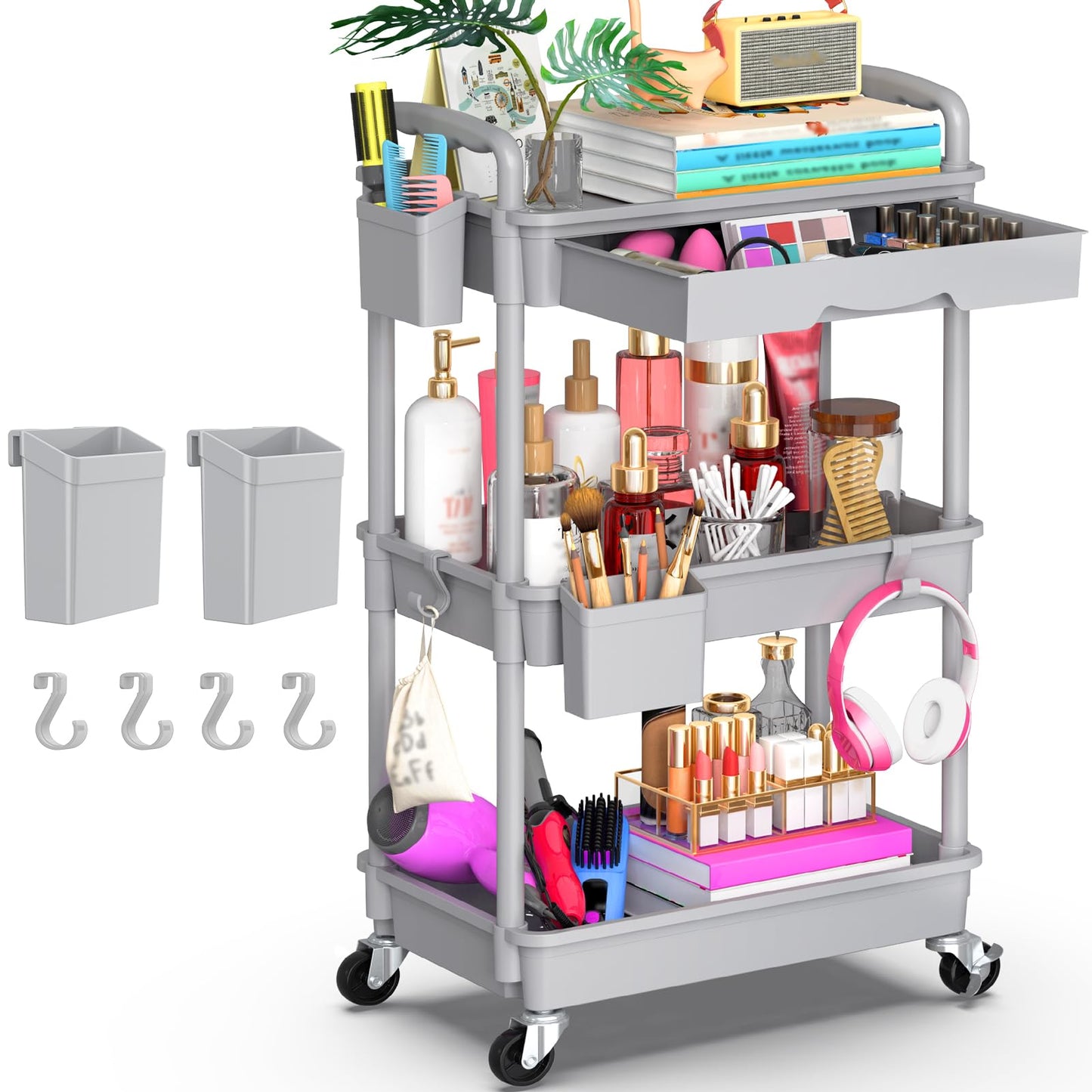 Yeabett 3 Tier Storage Trolley with Drawer, Utility Cart with Plastic Shelf & Lockable Wheels Multifunctional Storage Cart for Kitchen, Bathroom