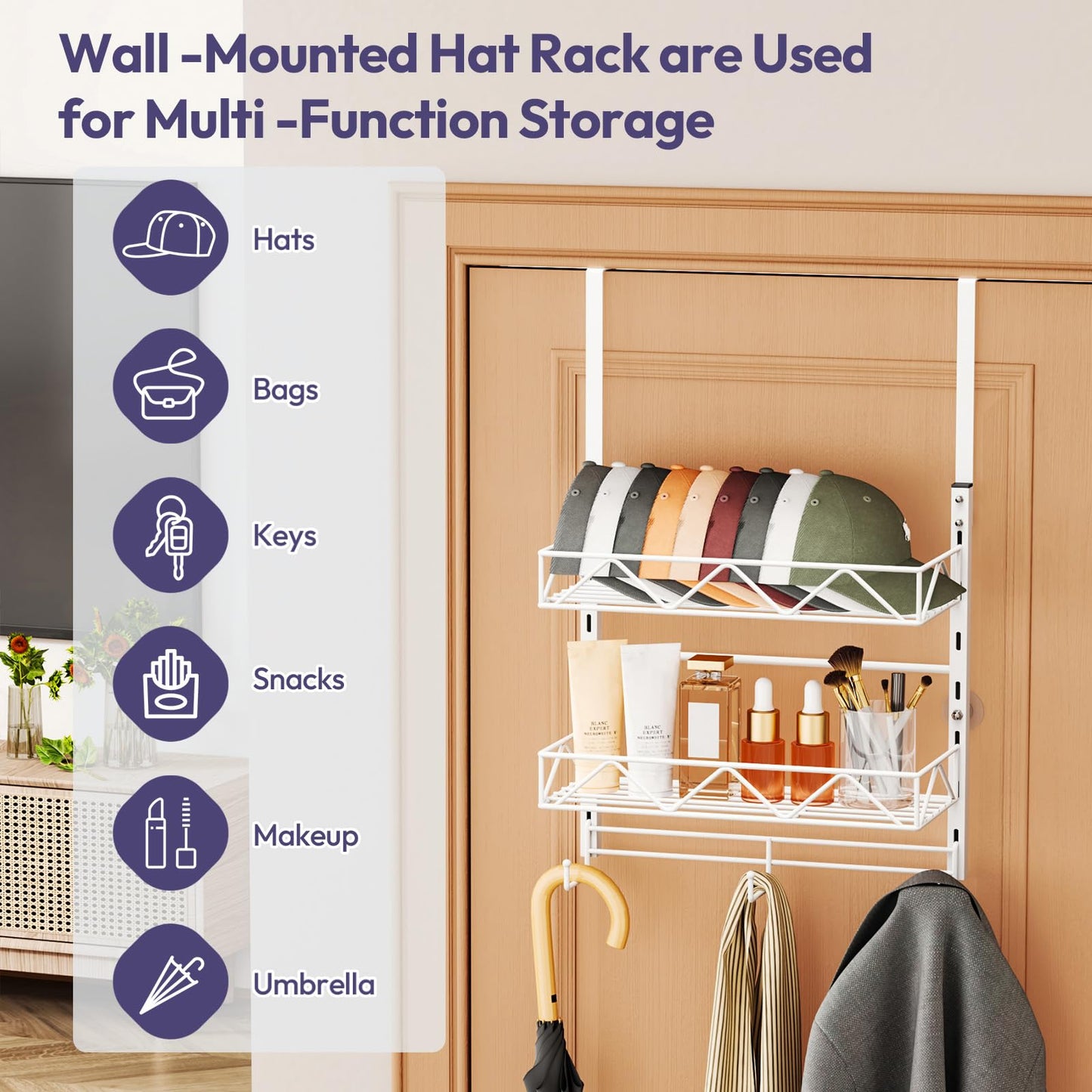 SWTYMIKI 2-Tier Over Door Wall Mount Hat Rack - Baseball Cap Organiser