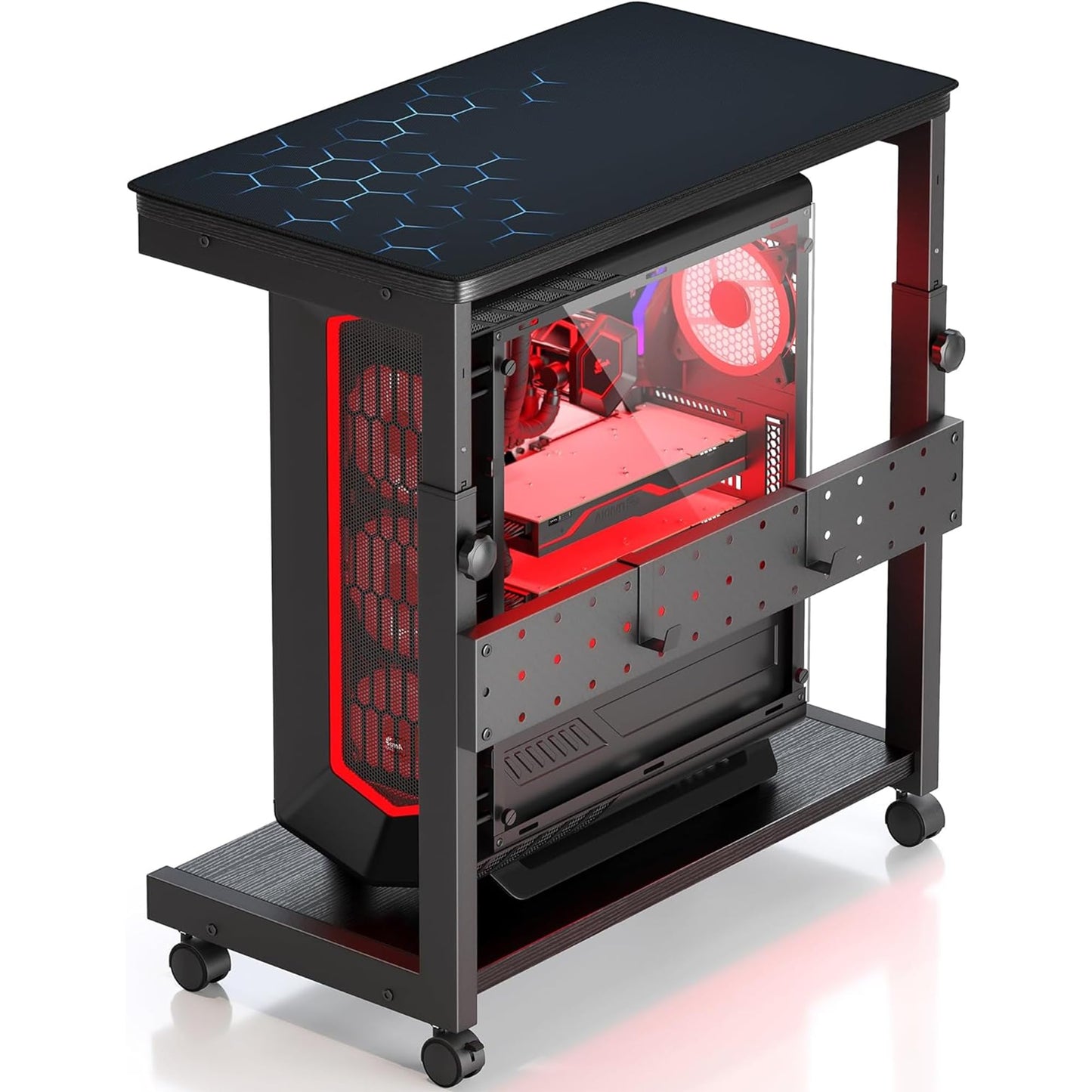 Yornoli PC Stand Height Adjustable Computer Tower Stand with Large Mouse Mat CPU Floor Stand Under Desk with Lockable Castor Wheels Sturdy PC Trolley