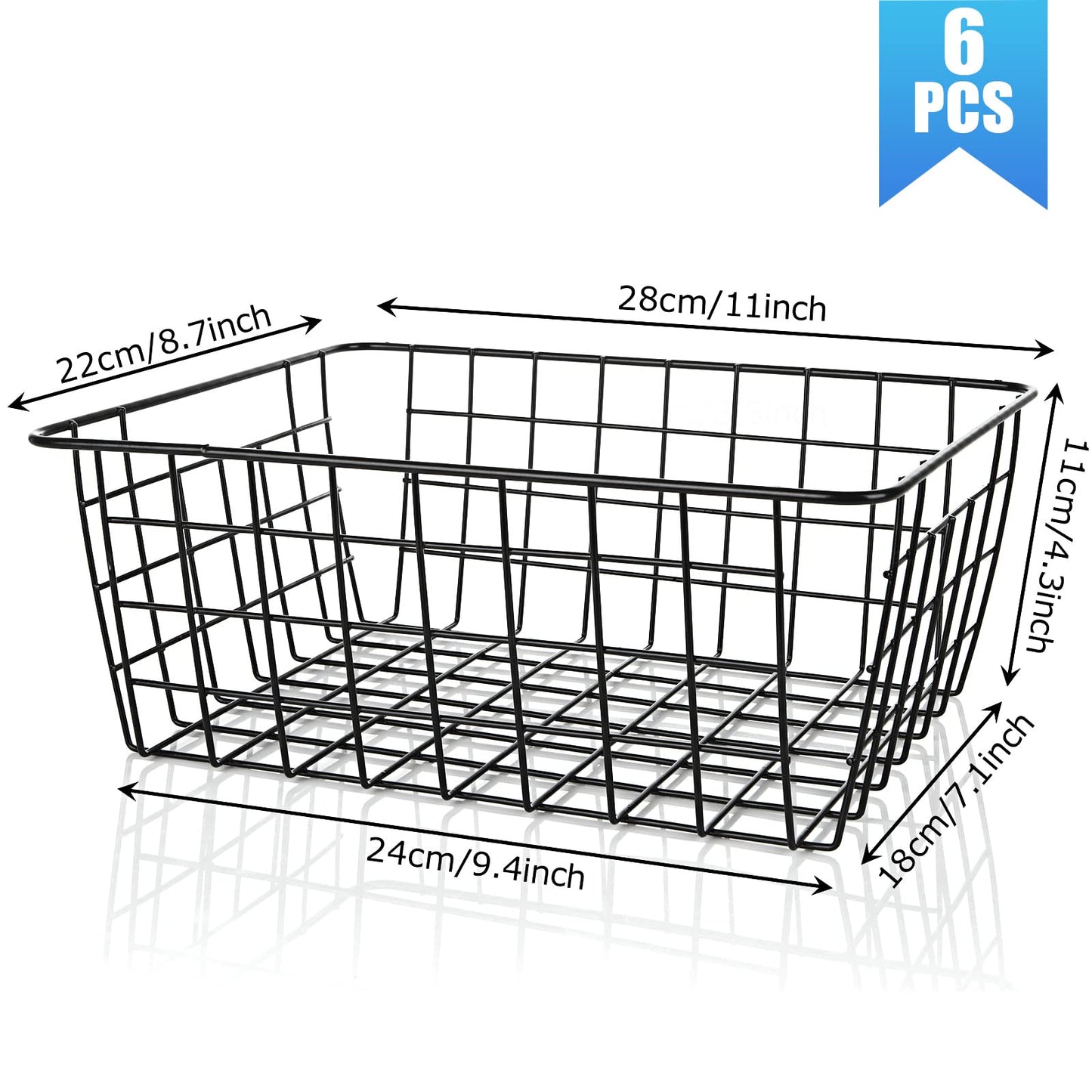 YOUNTHYE 6Pack Wire Storage Baskets, 28x22x11CM Pantry Organizers and Storage Black Wire Basket with Handle, Freezer Storage Organiser for Shelf