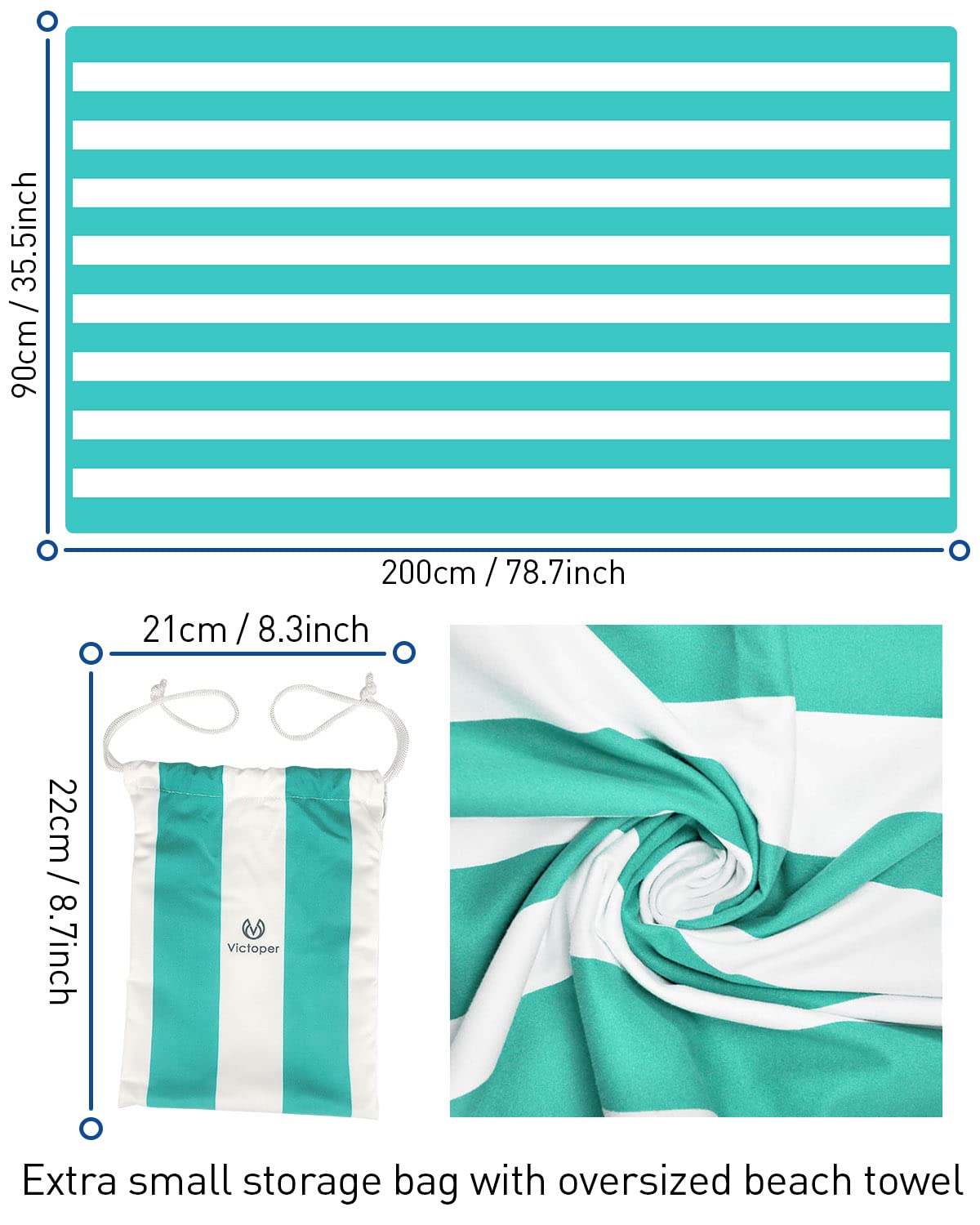 Victoper Microfiber Beach Towel Quick Drying 200 * 90cm Sand Free Soft Compact Lightweight Beach Towels for Adults Ideal for Swimming Beach Yoga