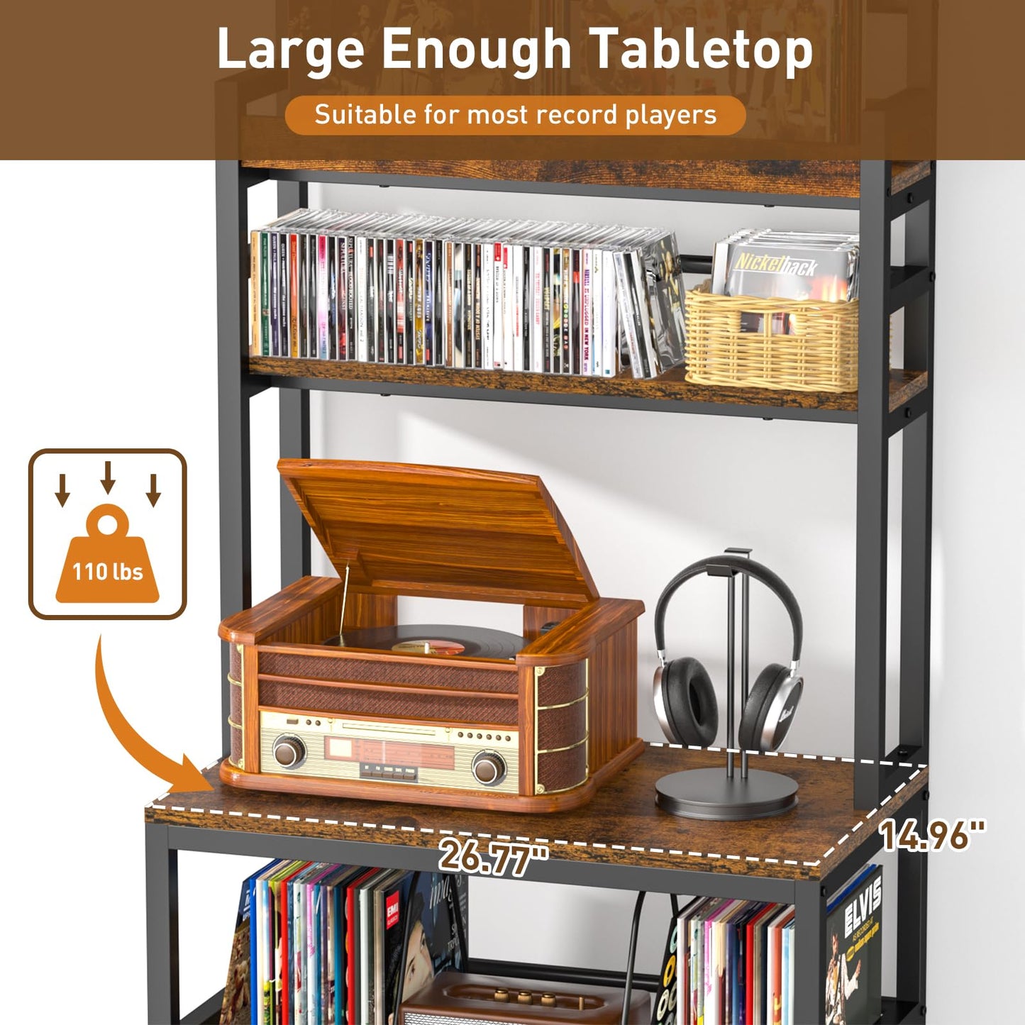ikkle Record Player Stand with Vinyl Storage, Turntable Stand Holds Up to 500+Albums, 5 Layer Record Player Table with CD Racks for Living Room