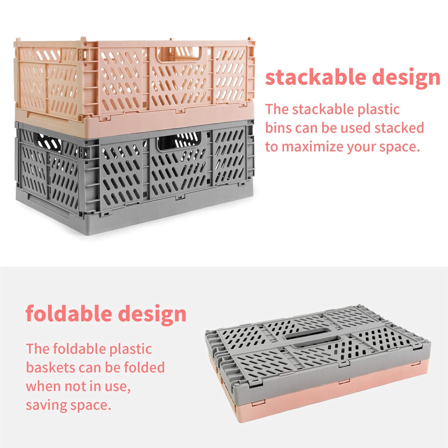 Spesh 2 Pcs Collapsible Storage Boxes Stackable Storage Baskets Folding Plastic Crates Foldable Crate Bins with Handles for Desk,Shelf,Cupboard