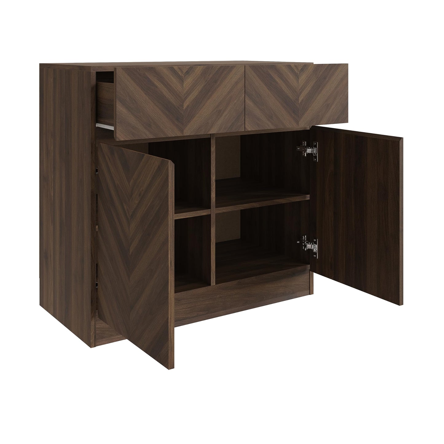 GFW Catania Compact Sideboard, Royal Walnut Storage Cabinet with 2 Drawers and 2 Doors, Herringbone Wood Grain Sideboard
