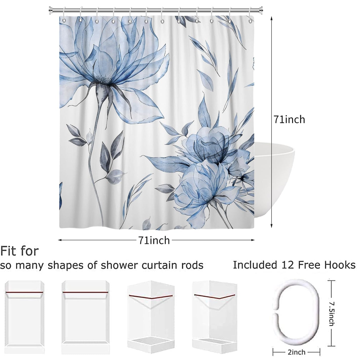 Hnmdmyi Watercolor Floral Shower Curtain 180x180, Blue Boho Flower Leaf Modern Minimalist Aesthetic Art Bathroom Curtains Waterproof Polyester Fabric